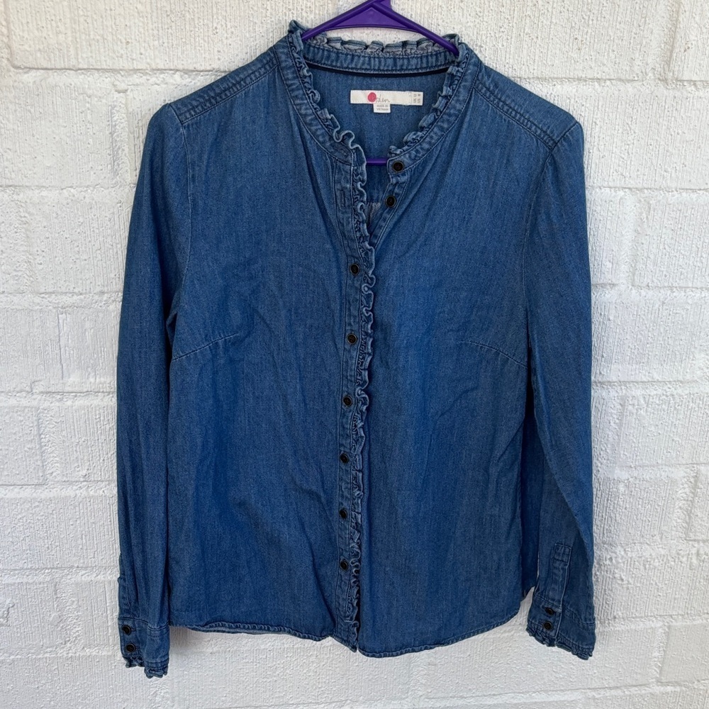 Boden Frill Ruffle Indigo Denim Cotton Button Down Blouse sz 8 - Picture 4 of 9